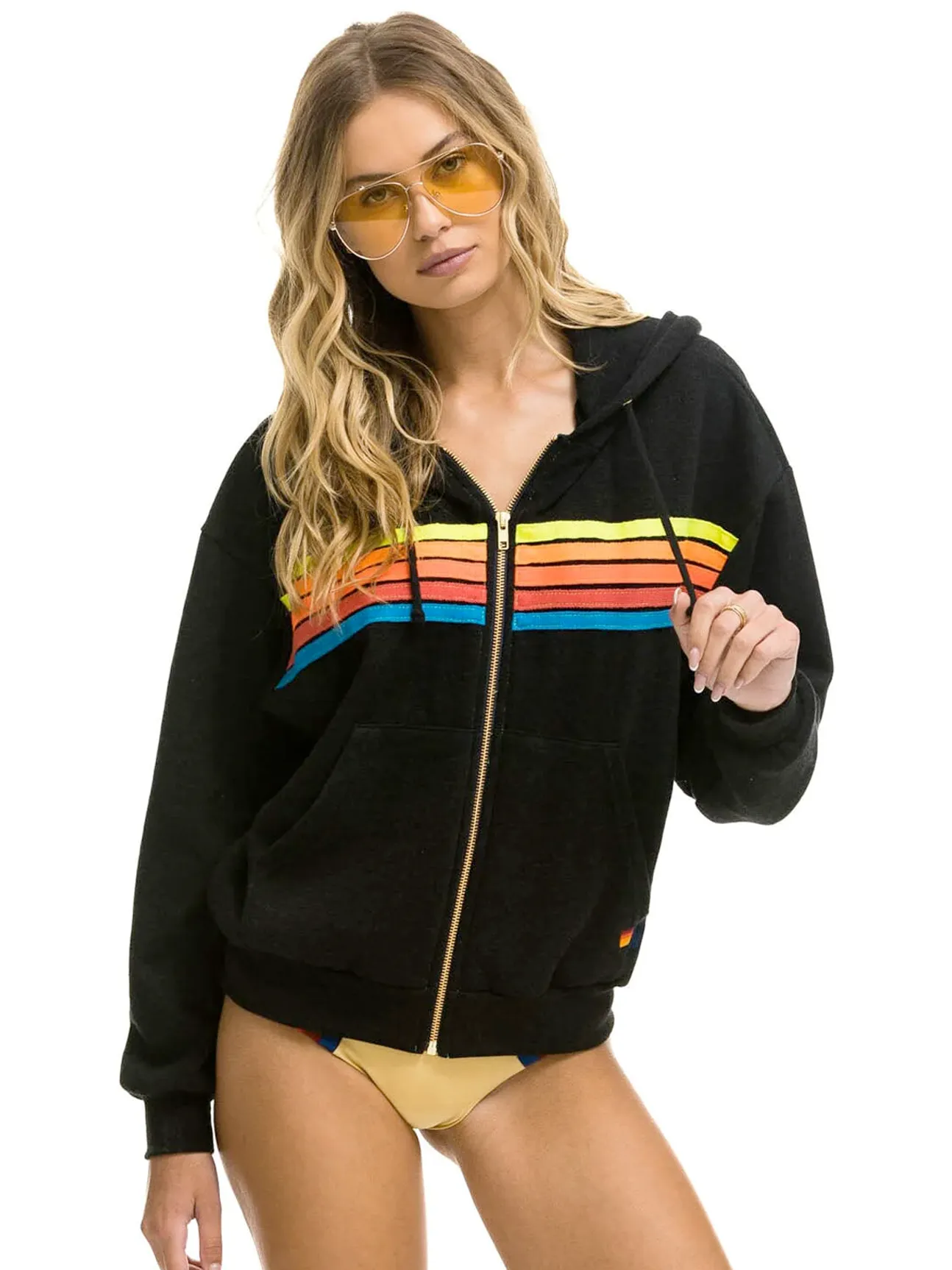 5 Stripe Hoodie in Black Neon Rainbow