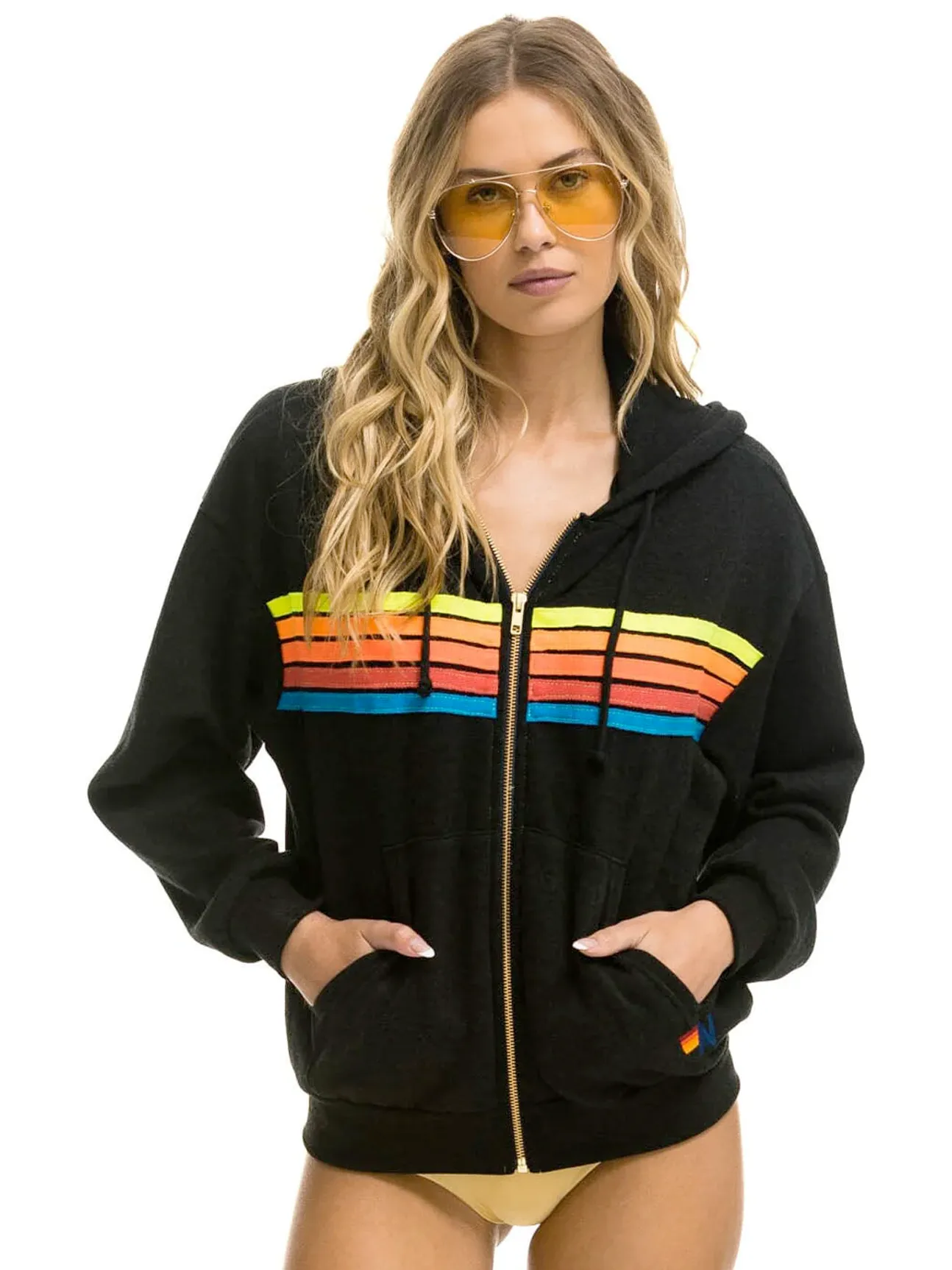 5 Stripe Hoodie in Black Neon Rainbow