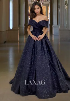 A-Line Sleeveless Glitter-Knit Pleated Formal Gowns V-Neck Off-Shoulder Floor-Length Prom Dress