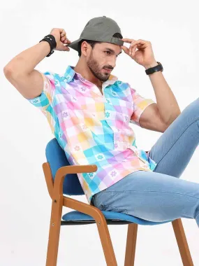 Abstract Rainbow Checks Cotton Half Sleeve Shirt