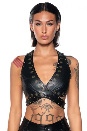 ALESSANDRA HALTER NECK FAUX LEATHER CROP TOP