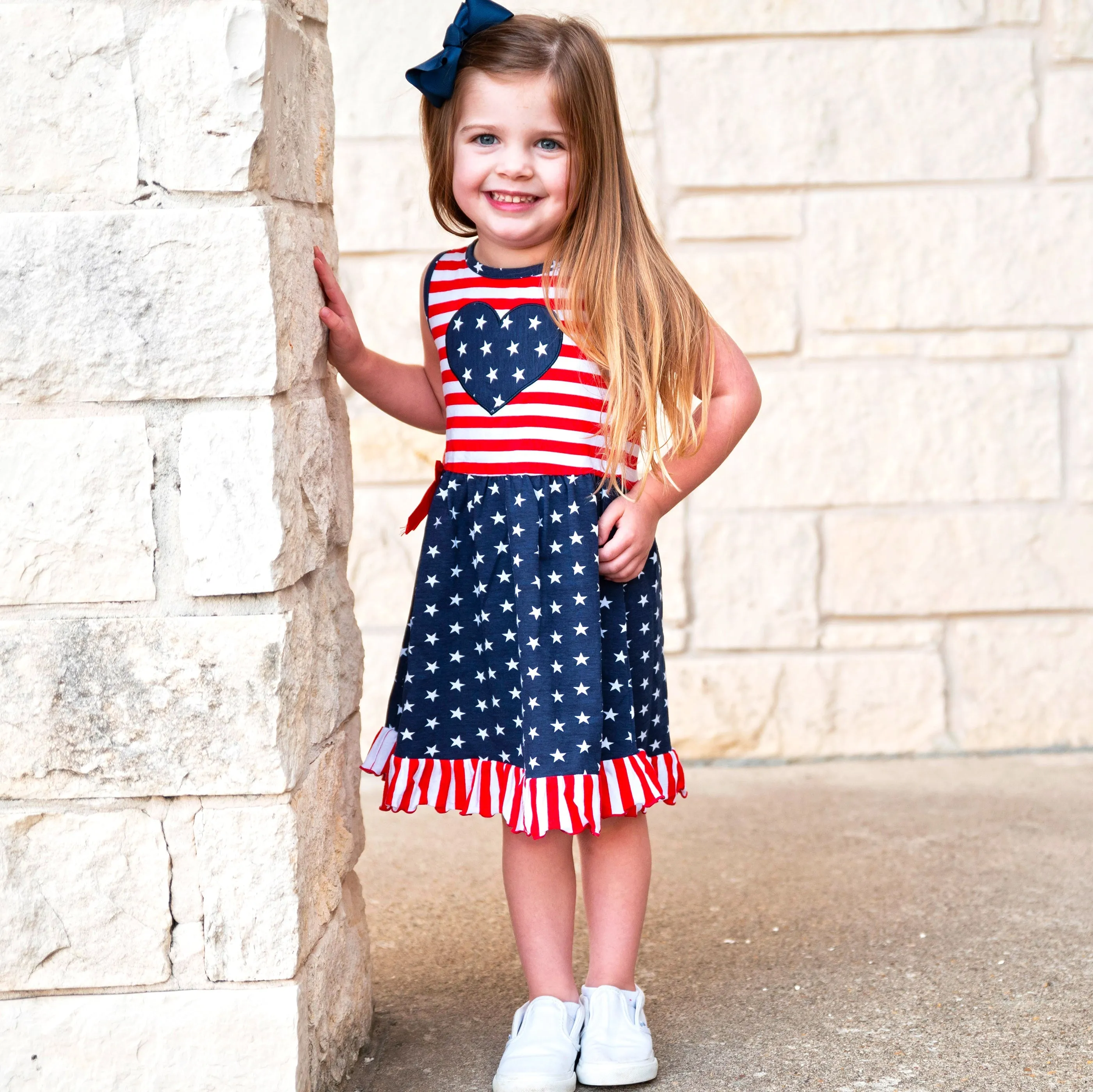 AnnLoren Girls 4th of July Stars & Striped Heart Dress Red White &