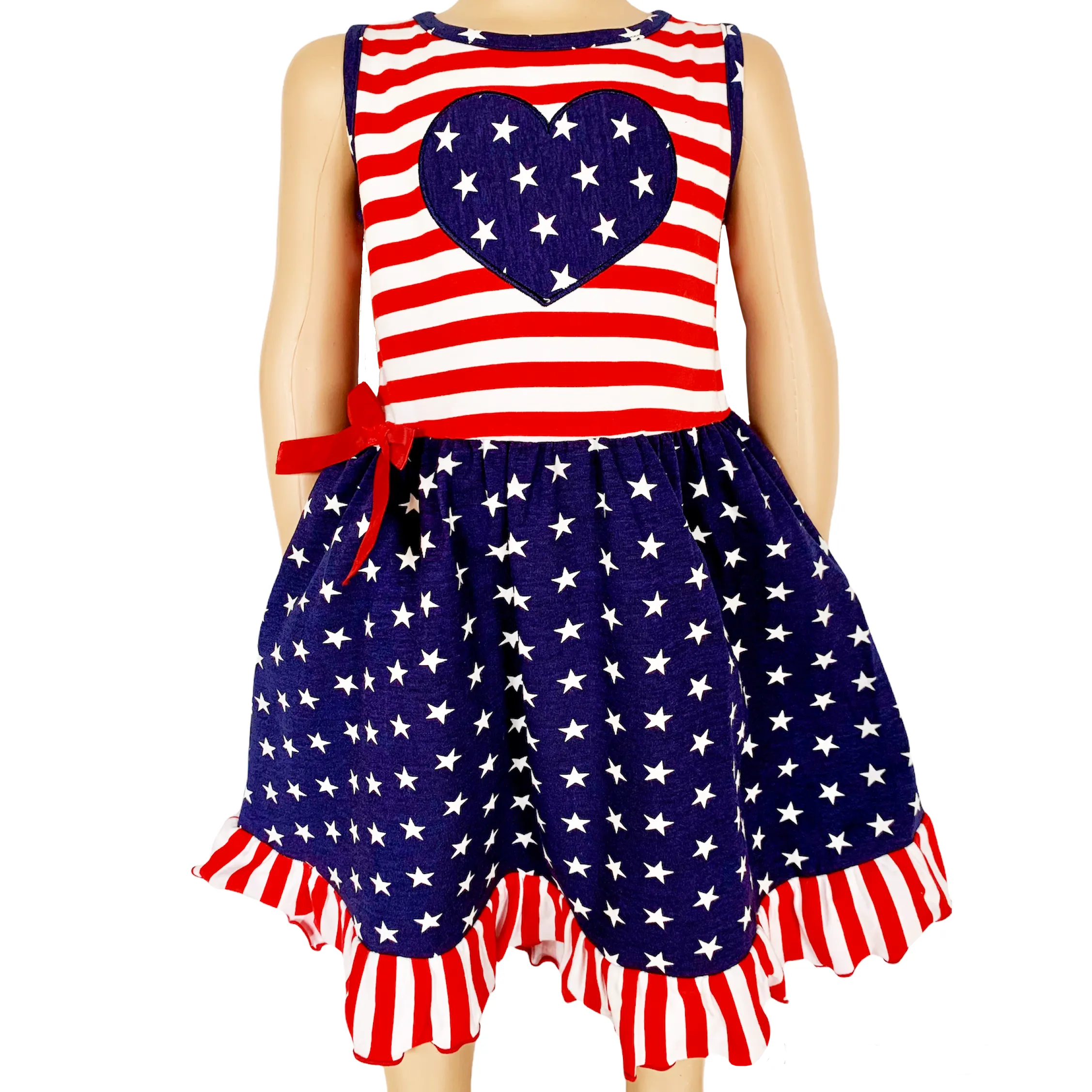 AnnLoren Girls 4th of July Stars & Striped Heart Dress Red White &