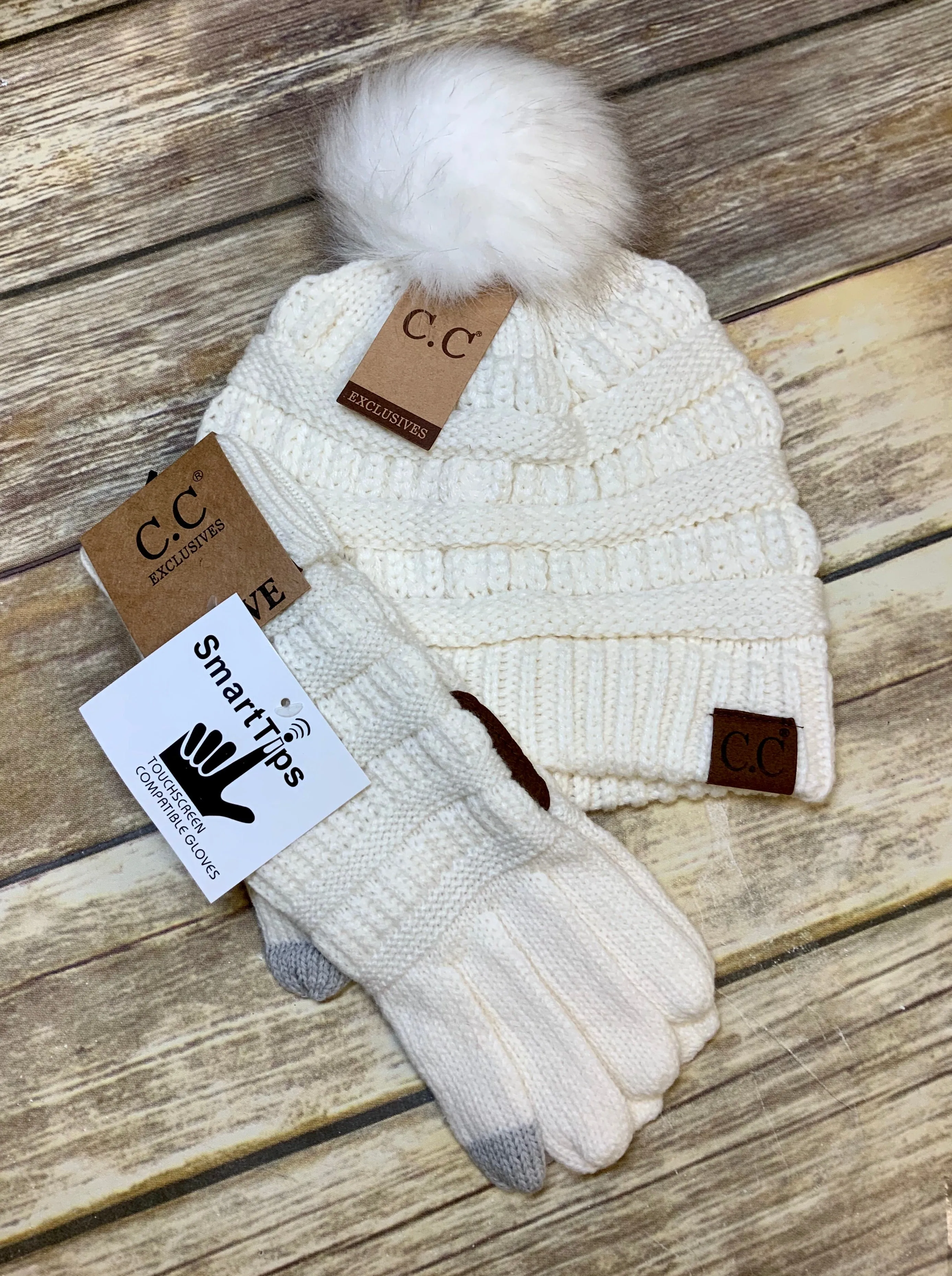 Authentic CC Adults Solid Knit Ribbed Beanie with Faux Fur Pom