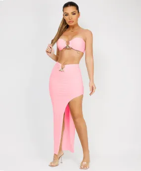 Baby Pink Maxi Skirt Bandeau Co Ord With Gold Buckle