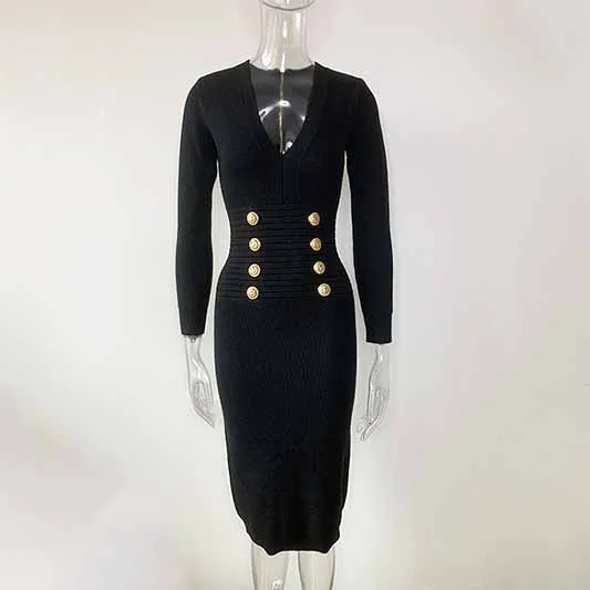 Black Knit Dresses Long Sleeve Zipper Back Midi Knitted Dress For Women