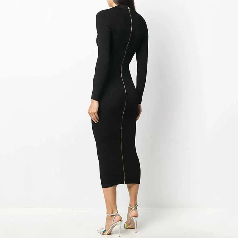 Black Knit Dresses Long Sleeve Zipper Back Midi Knitted Dress For Women