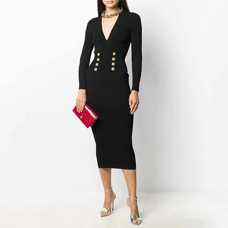 Black Knit Dresses Long Sleeve Zipper Back Midi Knitted Dress For Women