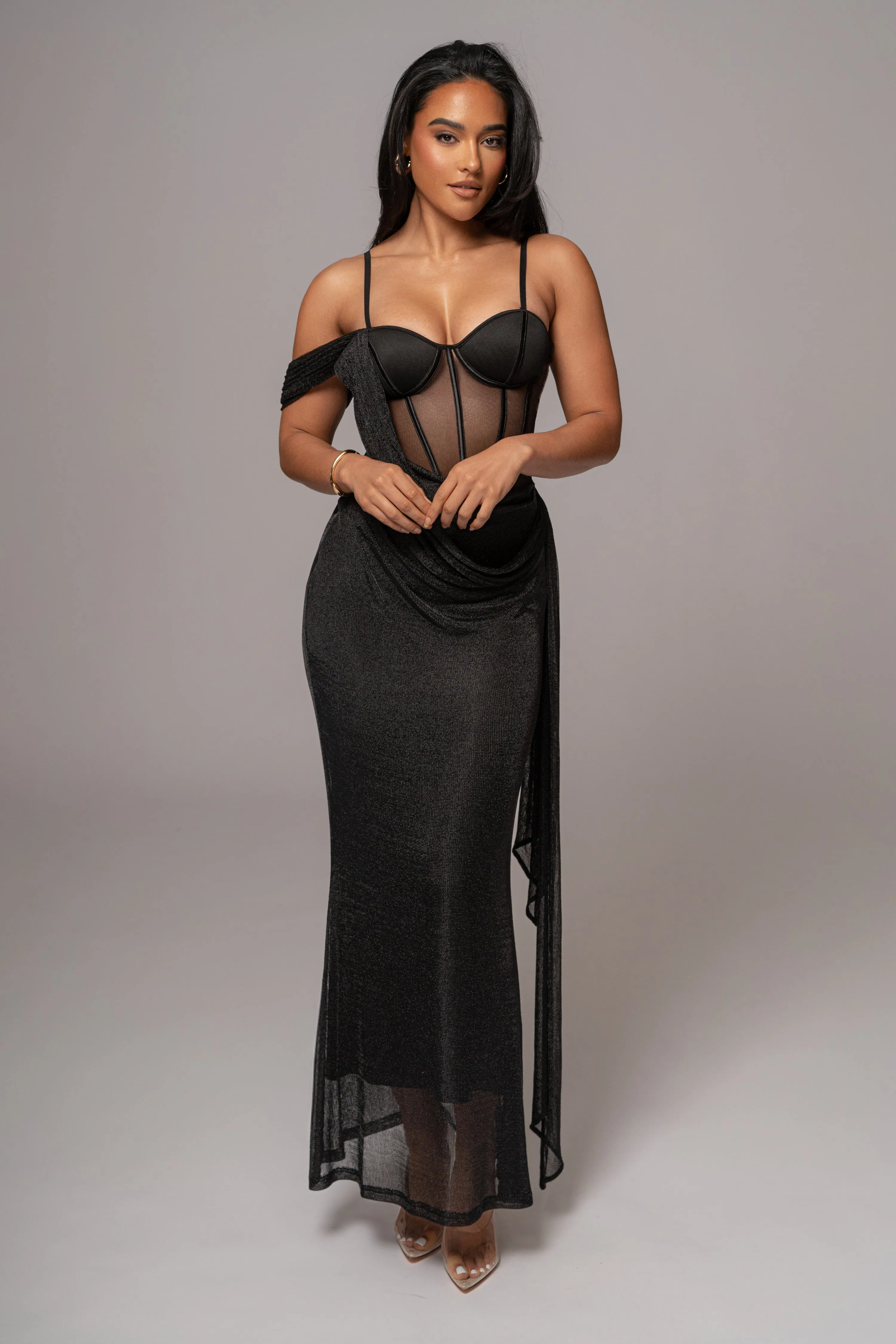 Black Metallic Corset Maxi Dress