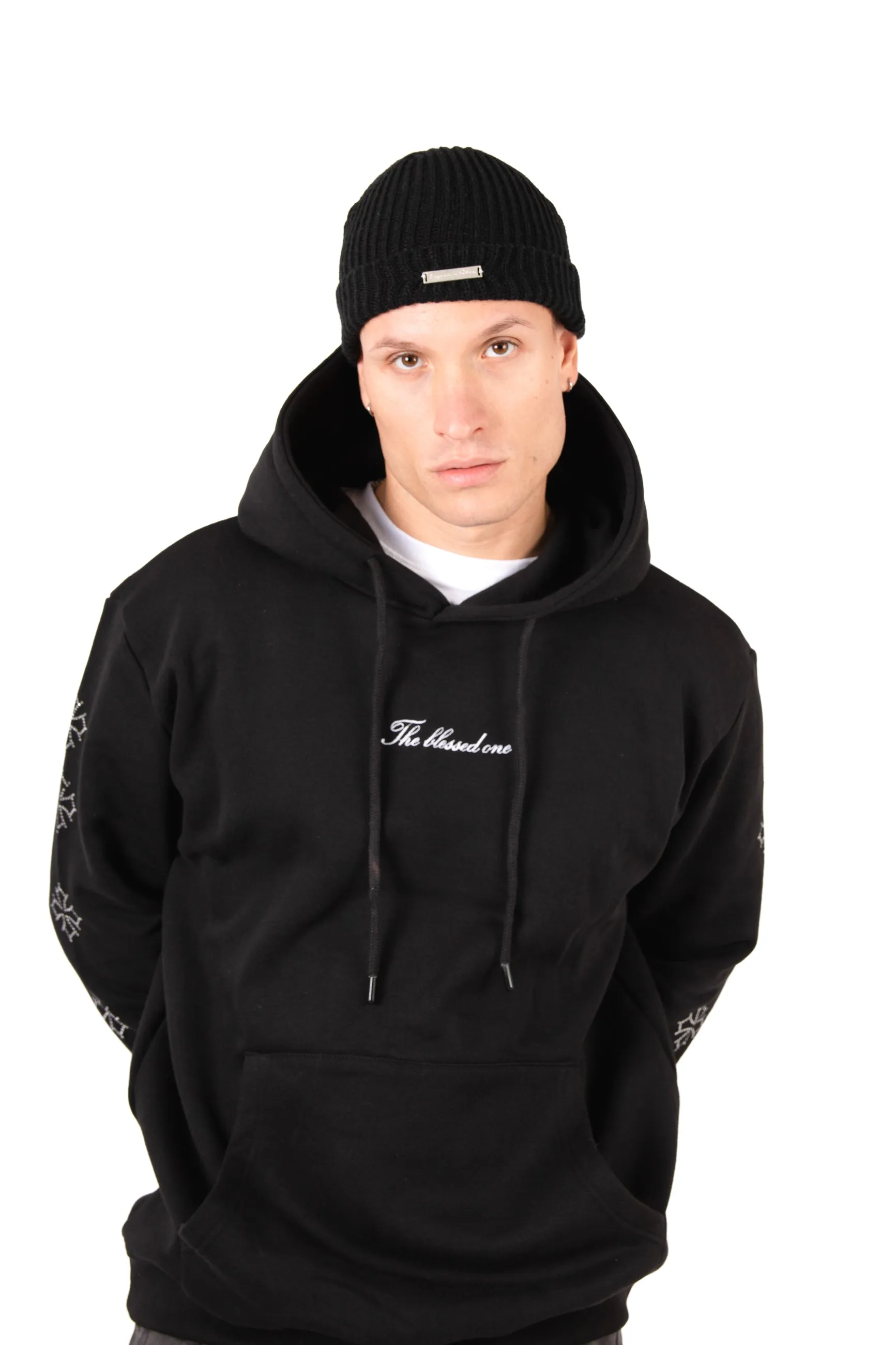 Black Rhinestone Embellished 'Blessed' Motif Hoodie