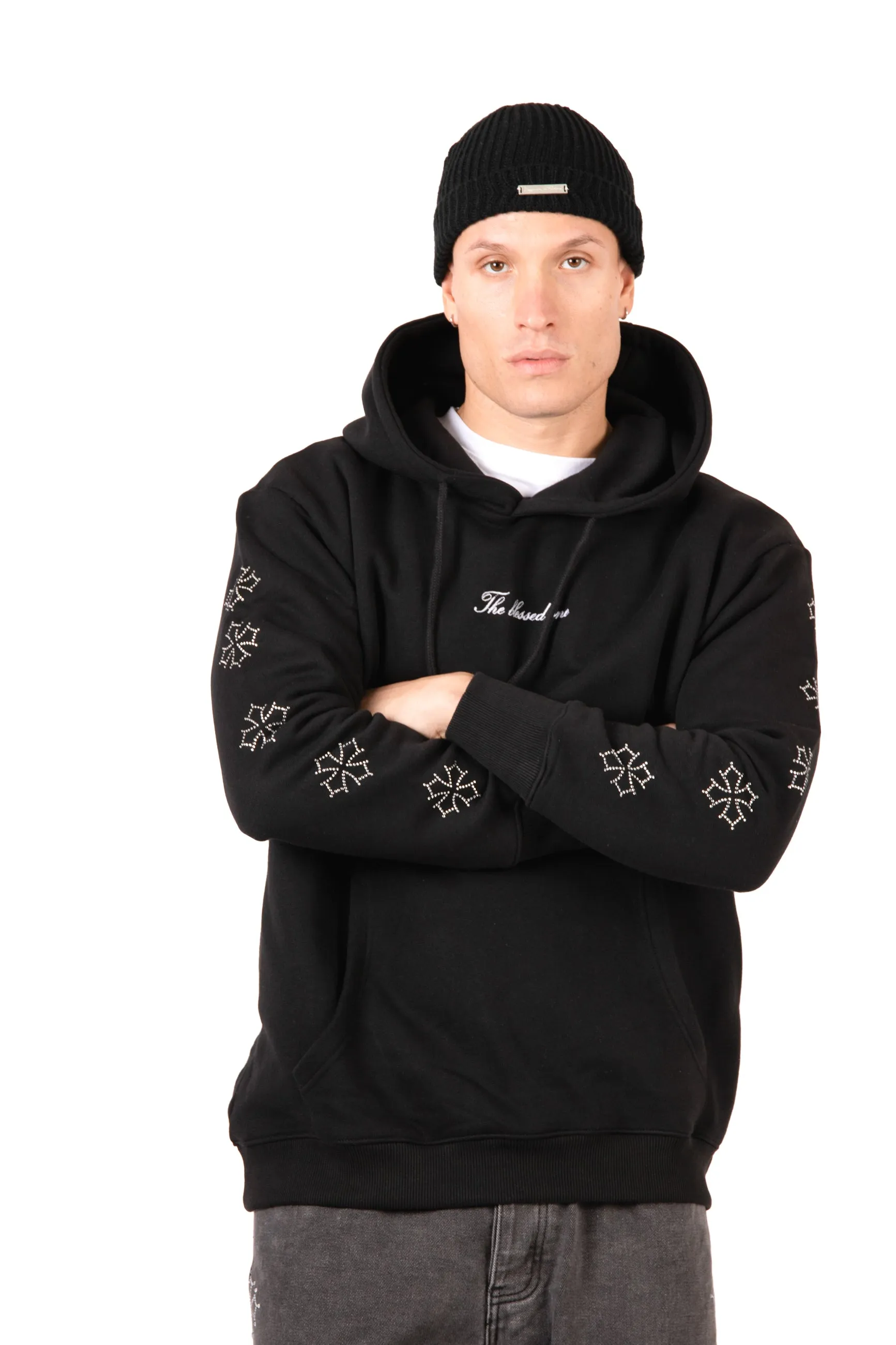 Black Rhinestone Embellished 'Blessed' Motif Hoodie