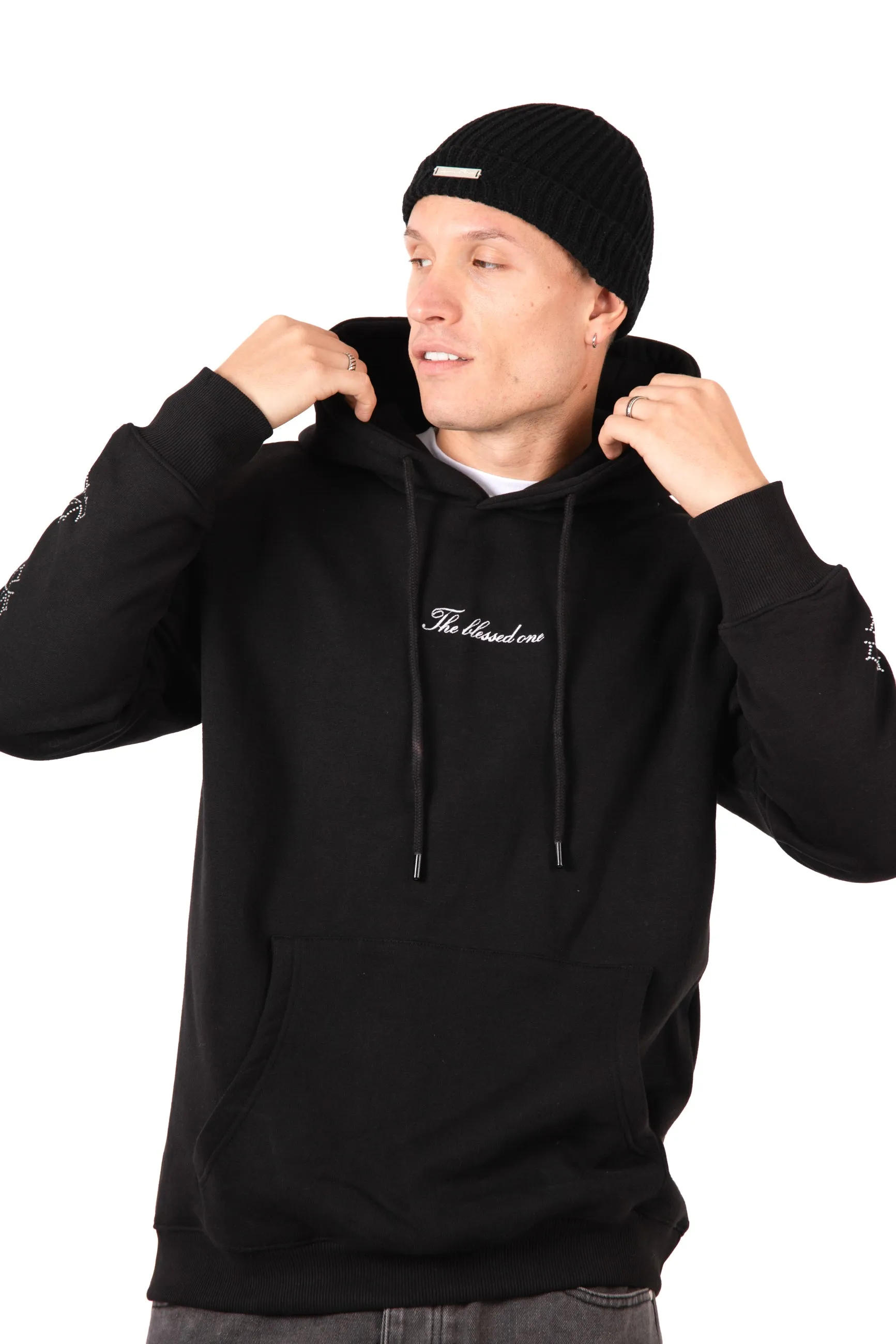 Black Rhinestone Embellished 'Blessed' Motif Hoodie