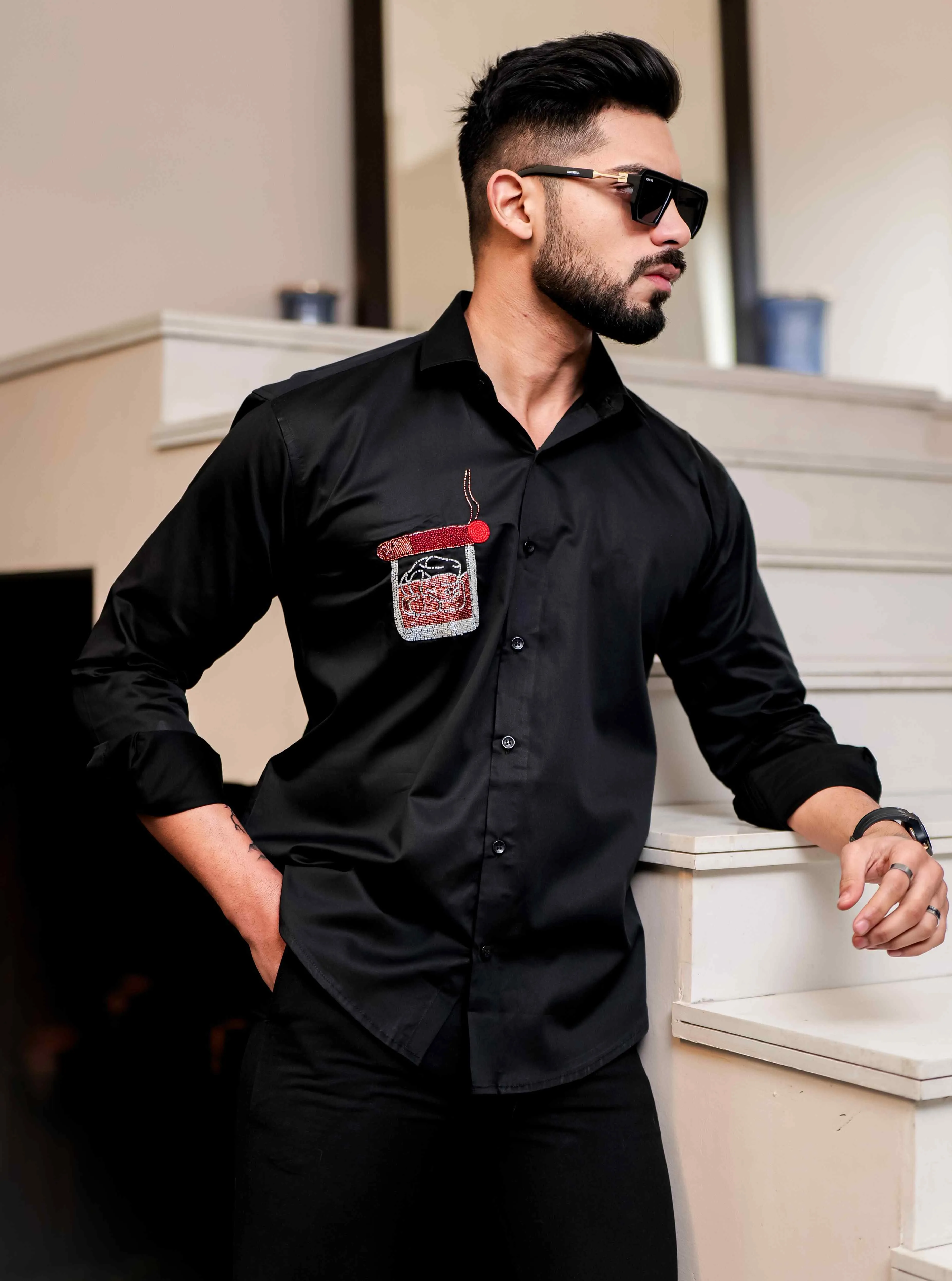 Black Rhinestone Hand Work Satin Cotton Premium Shirt