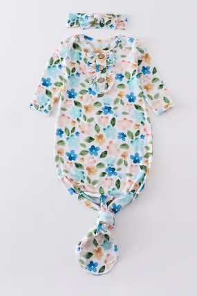 Blue floral print bamboo baby gown