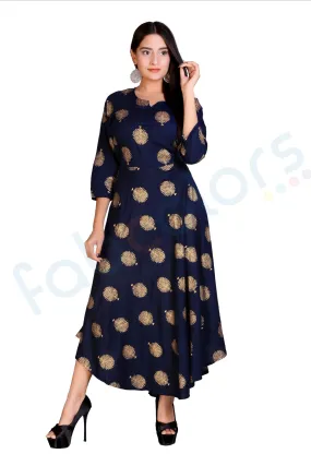 Blue Rayon Women Long Gold Maxi