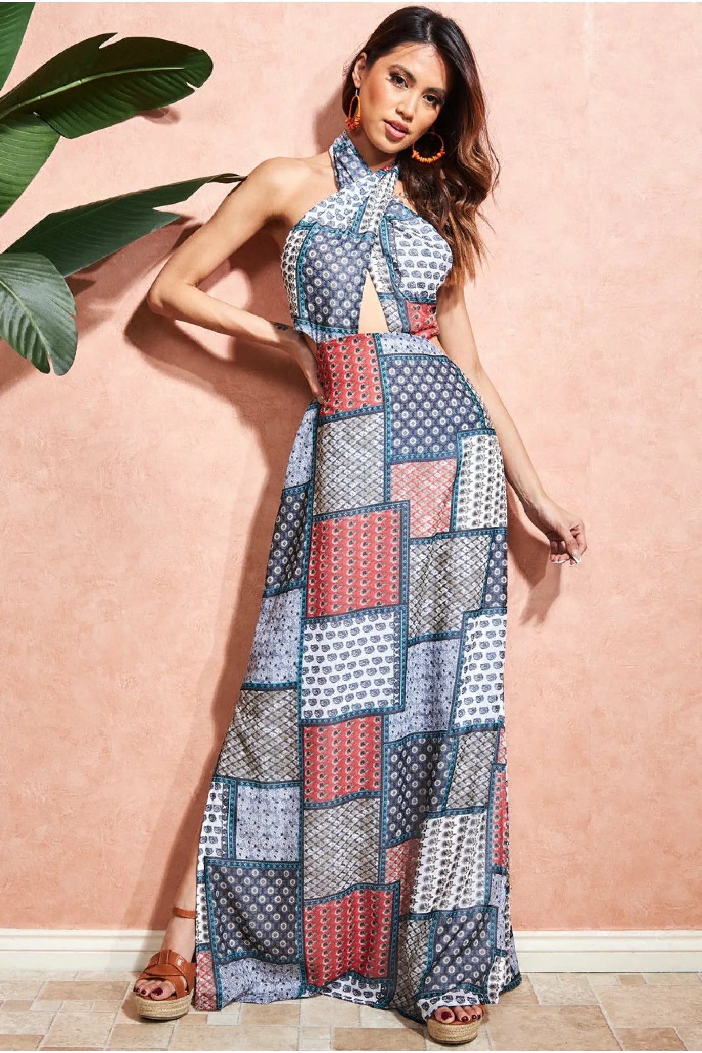 City Goddess Halter Neck Printed Maxi Dress