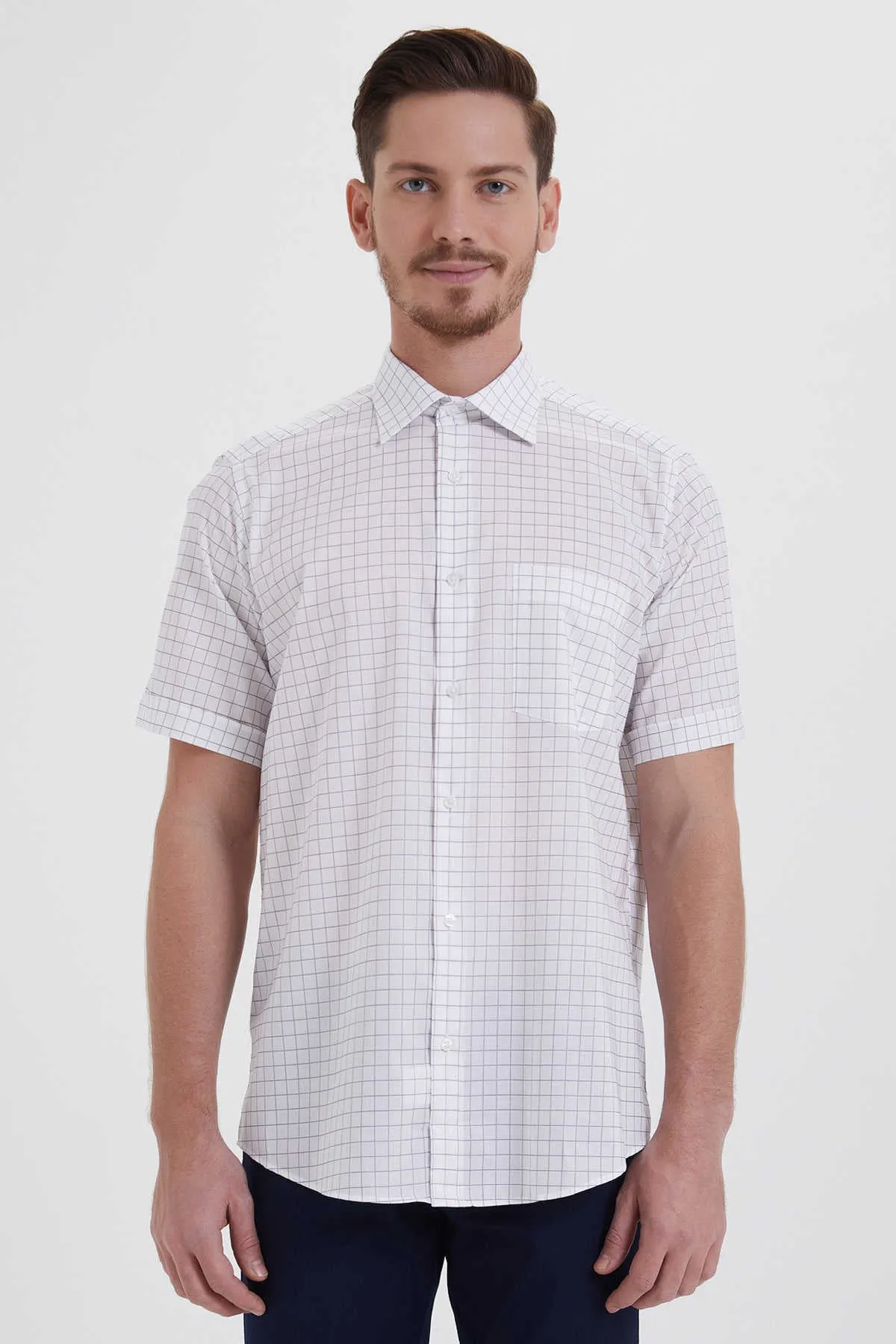 Classic Fit Short Sleeve Plaid Cotton White Dress Shirt