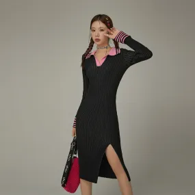 Color Combination Knit Slit Dress