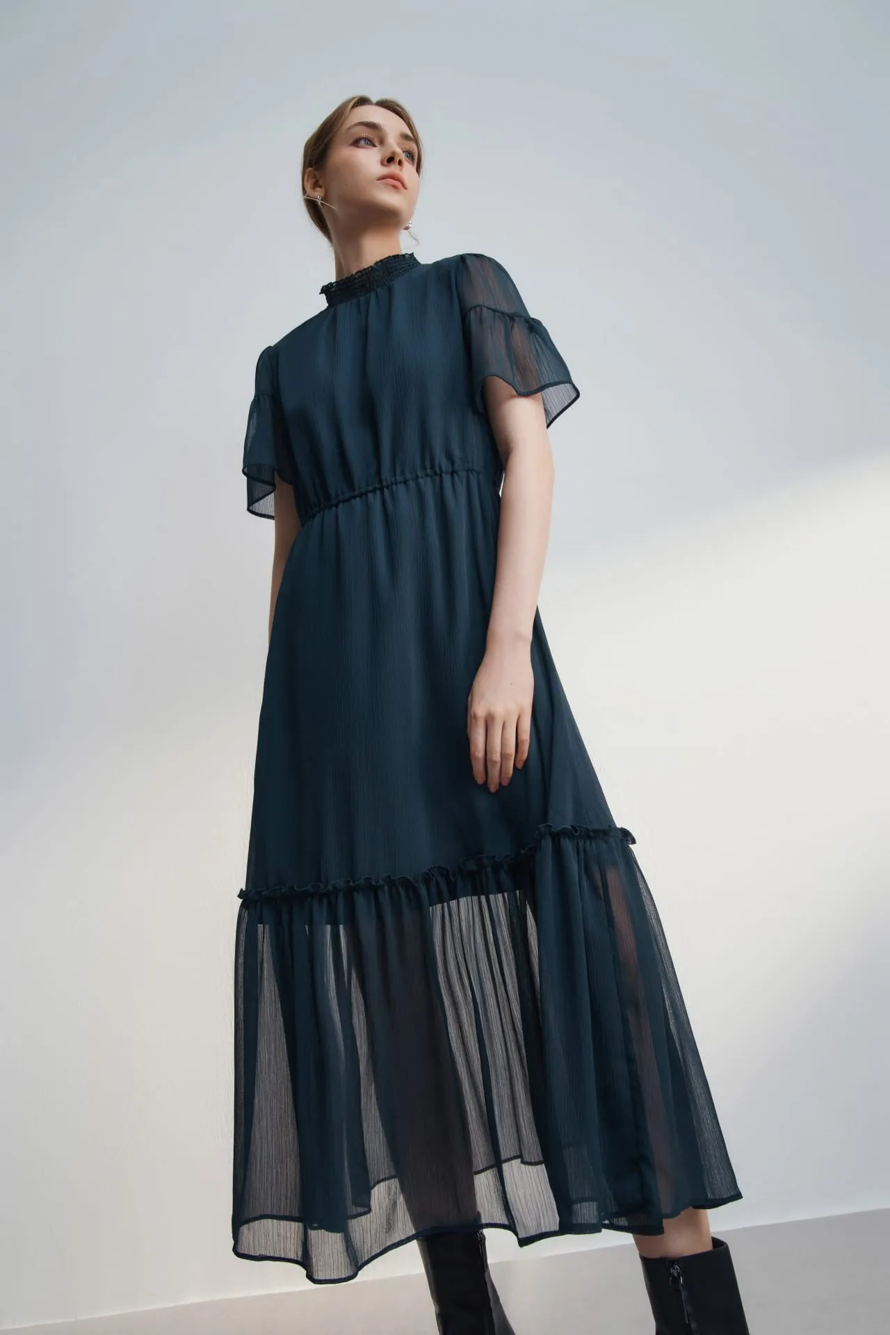 Crepe Smock Neck Maxi Dress