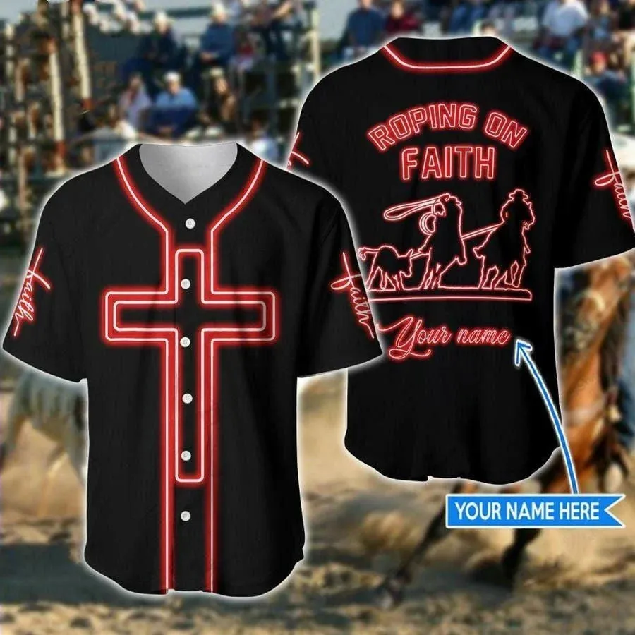 Cross Baseball Jersey - Roping On Faith Custom Printed Baseball Jersey Shirt For Men Women