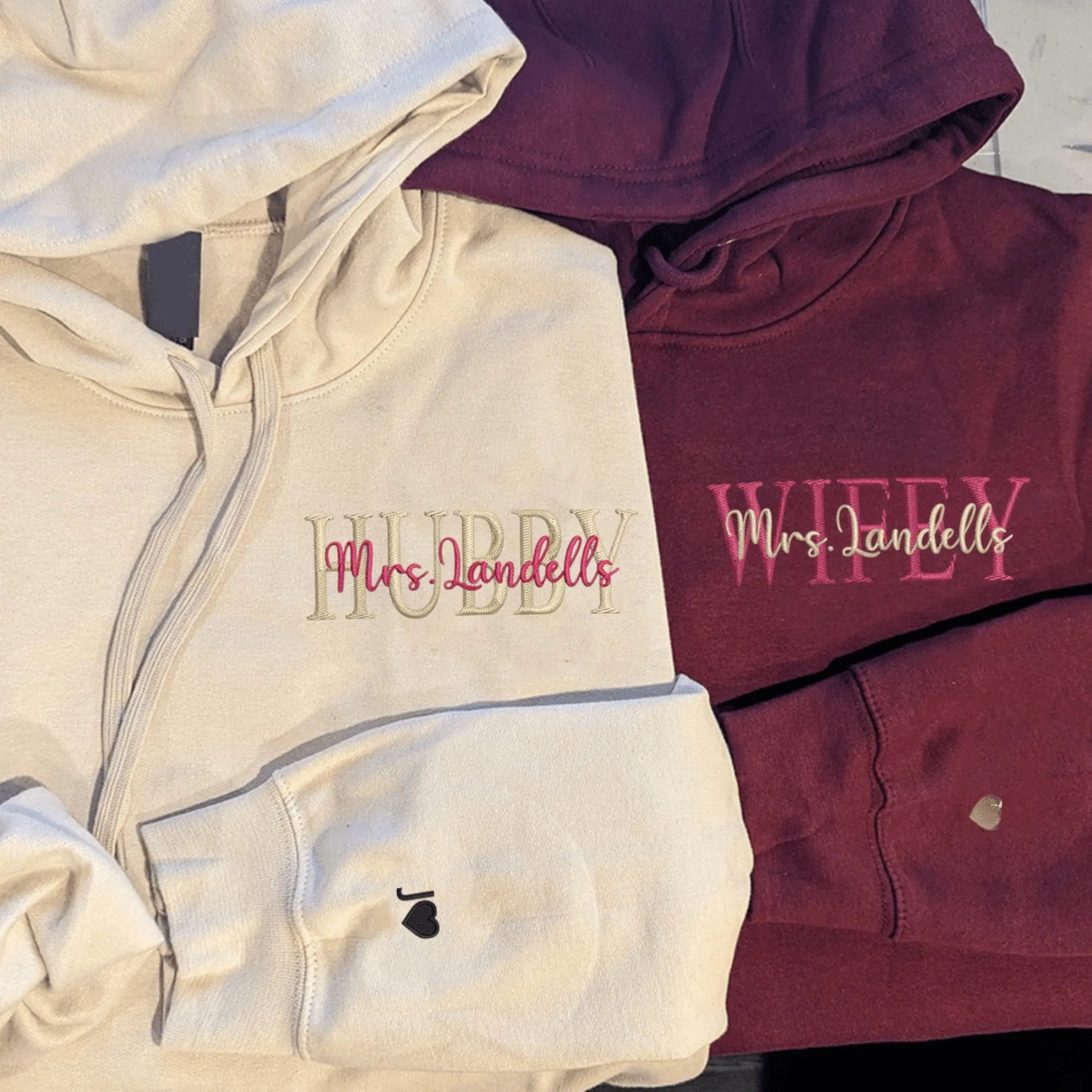 Custom Embroidered Wifey & Hubby Anniversary Sweatshirt Hoodies - Matching Hoodies For Couples