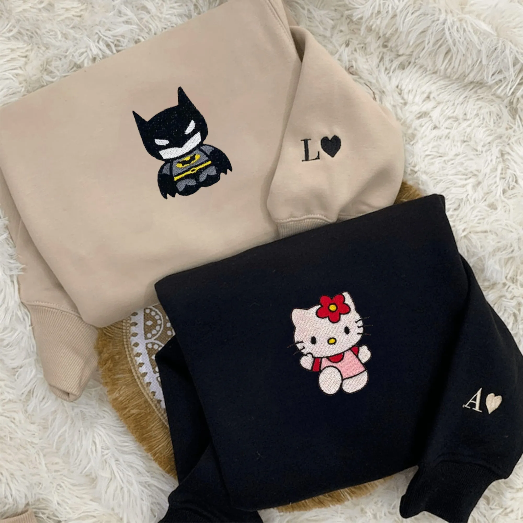 Cute Bat & Kitten Couple Hoodies – Cute Matching Embroidery for Partners