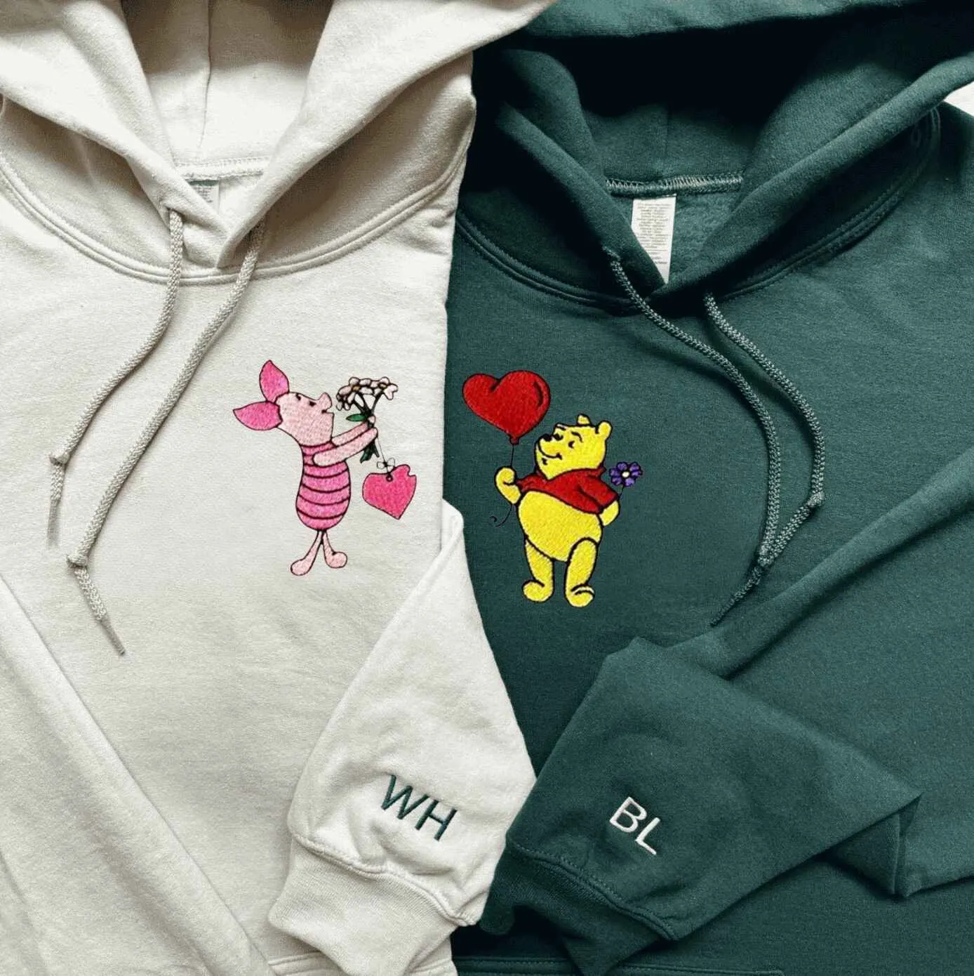 Cute Bear & Pig Couple Matching Hoodies - Custom Embroidered Sweatshirts For Couples