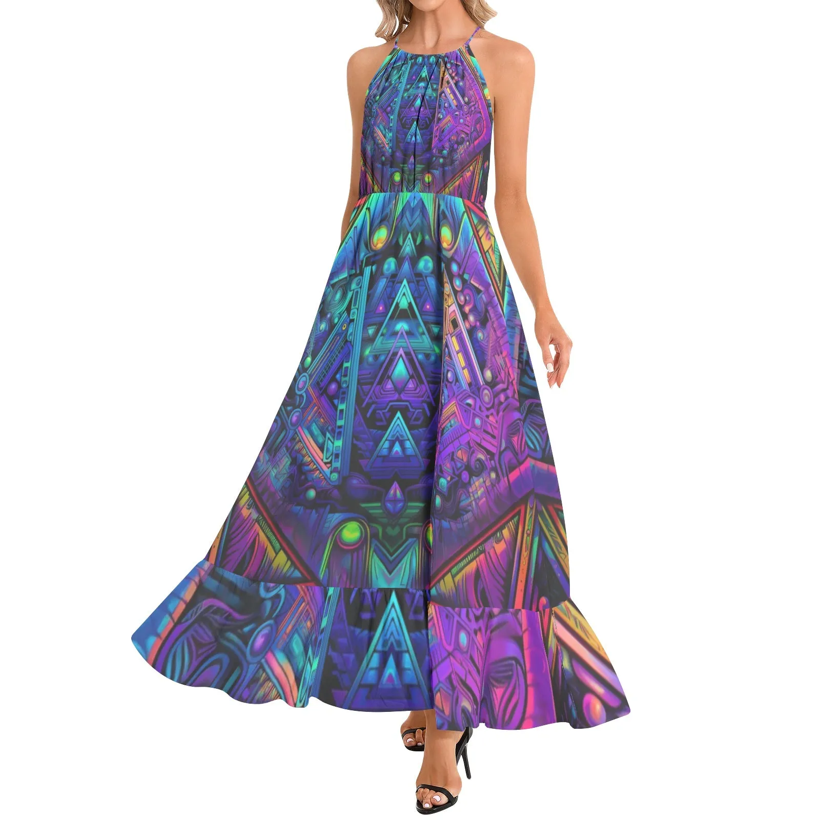 CYBER NIGHTS Ruffle Hem Halter Neck Maxi Dress | ACIDMATH AI