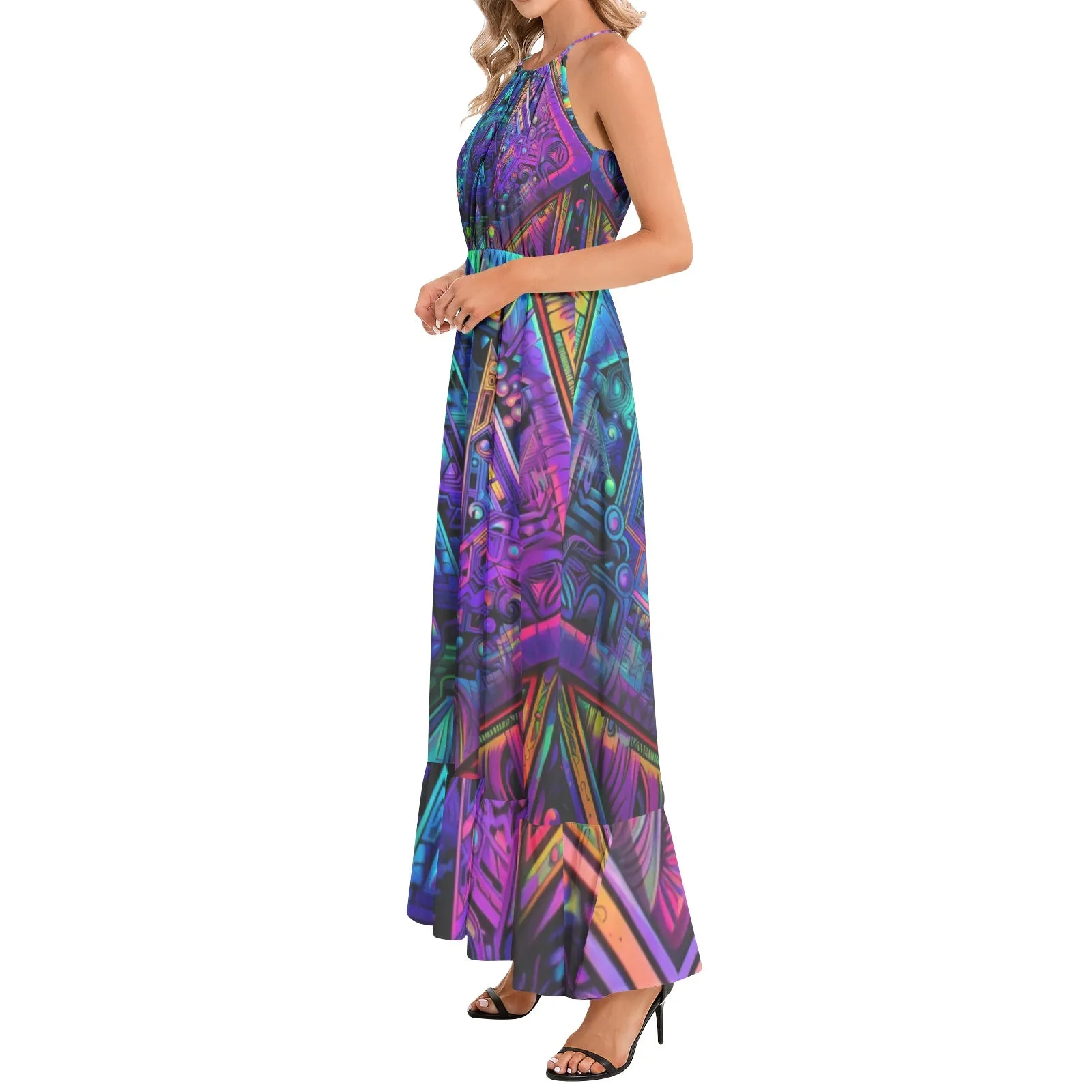 CYBER NIGHTS Ruffle Hem Halter Neck Maxi Dress | ACIDMATH AI