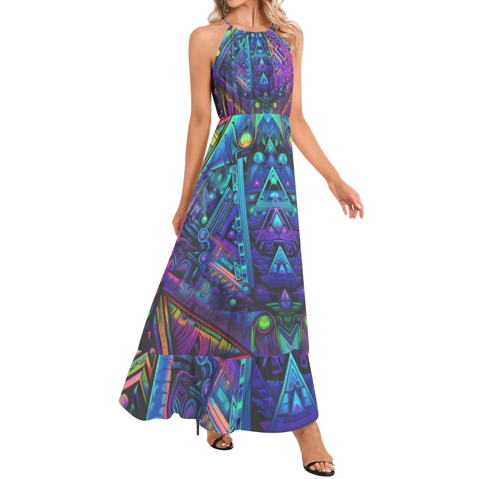 CYBER NIGHTS Ruffle Hem Halter Neck Maxi Dress | ACIDMATH AI