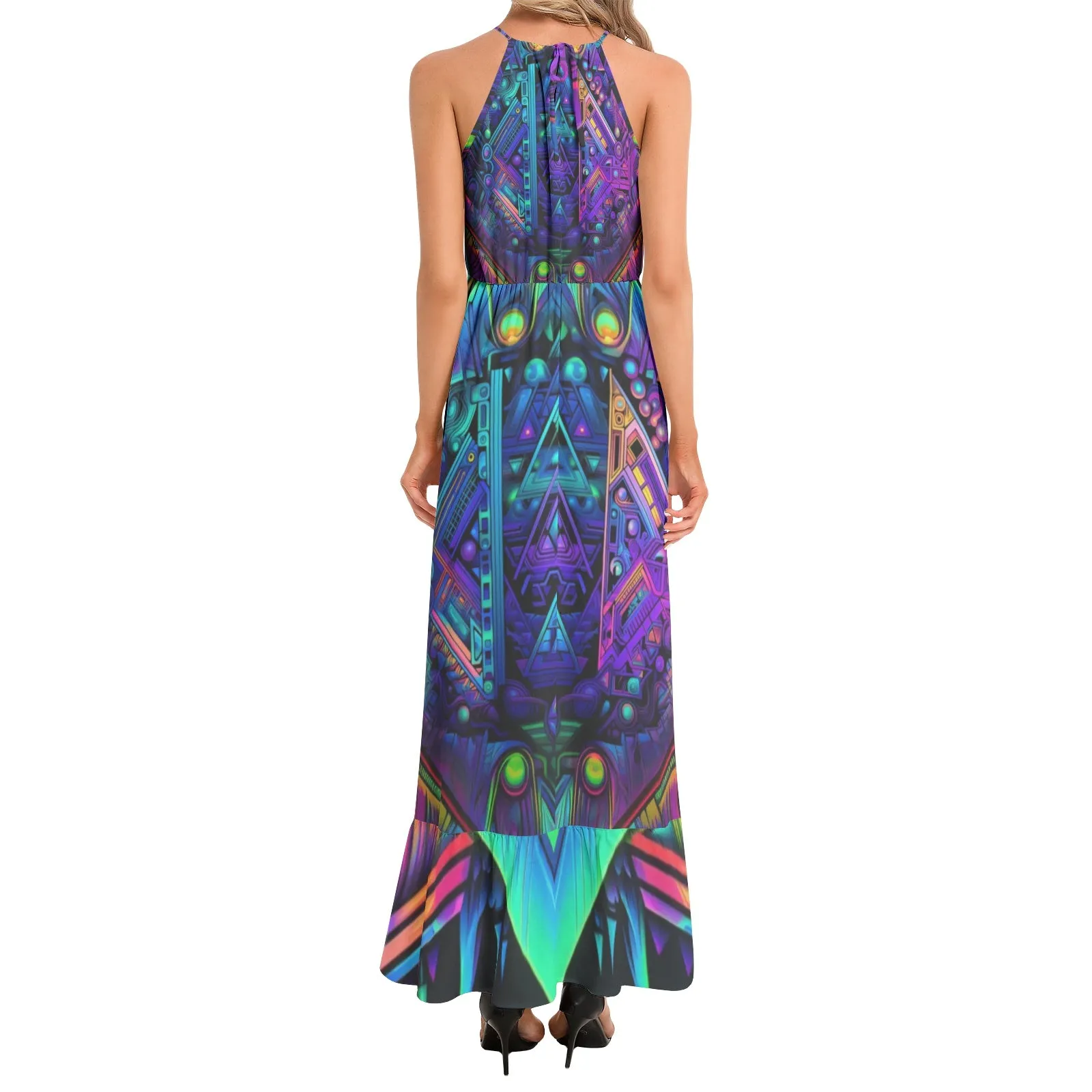 CYBER NIGHTS Ruffle Hem Halter Neck Maxi Dress | ACIDMATH AI