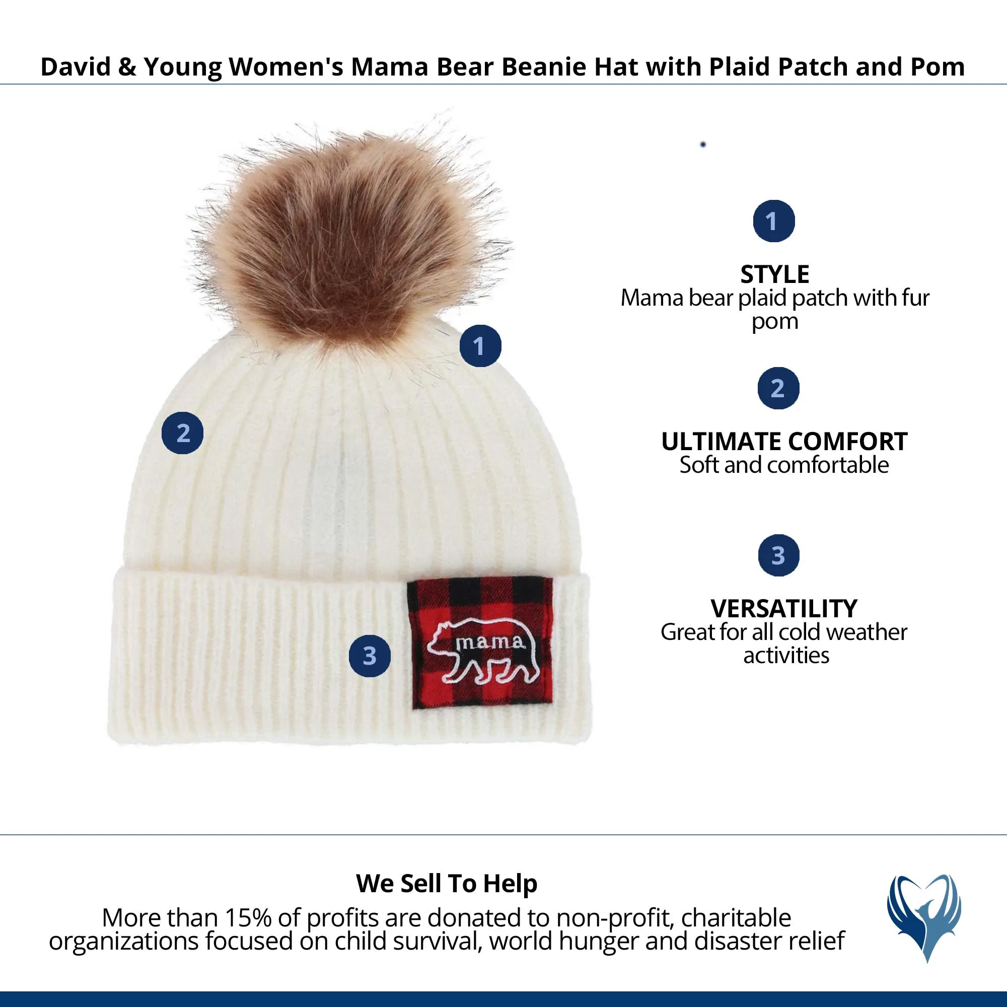 David & Young Women's Mama Bear Beanie Hat with Plaid Patch and Pom