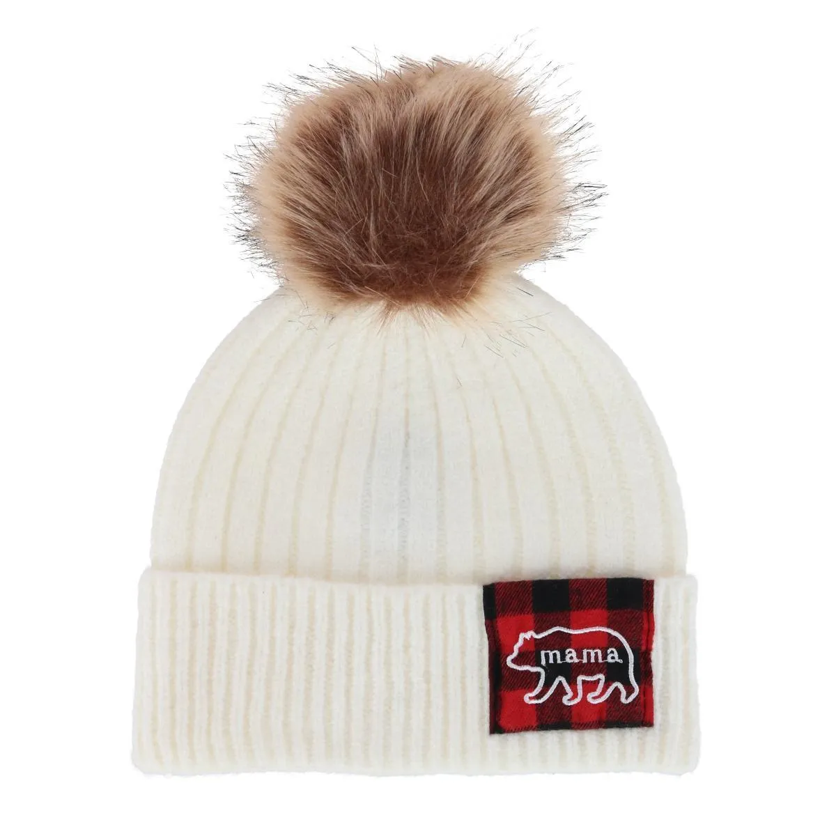 David & Young Women's Mama Bear Beanie Hat with Plaid Patch and Pom