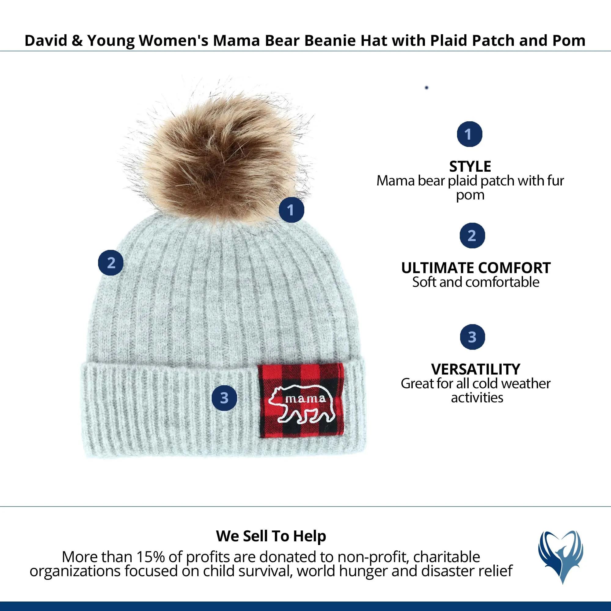 David & Young Women's Mama Bear Beanie Hat with Plaid Patch and Pom