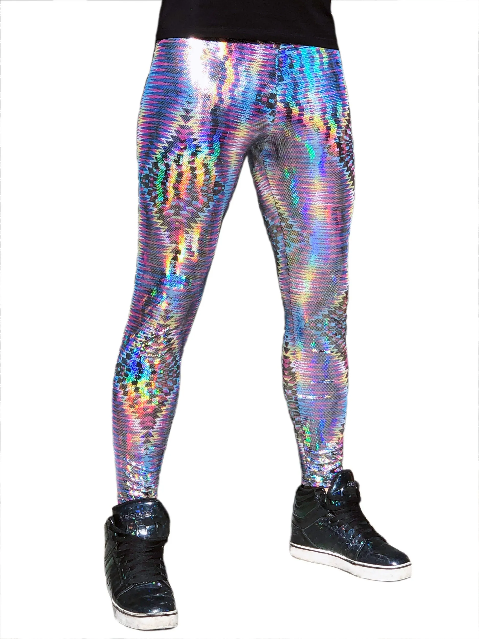 Dazzle Blue: Holographic UV Blacklight Reactive Meggings - Abstract Trippy Tribal Print Mens Leggings