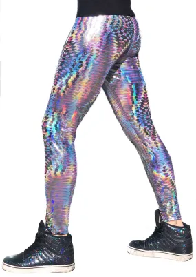 Dazzle Blue: Holographic UV Blacklight Reactive Meggings - Abstract Trippy Tribal Print Mens Leggings