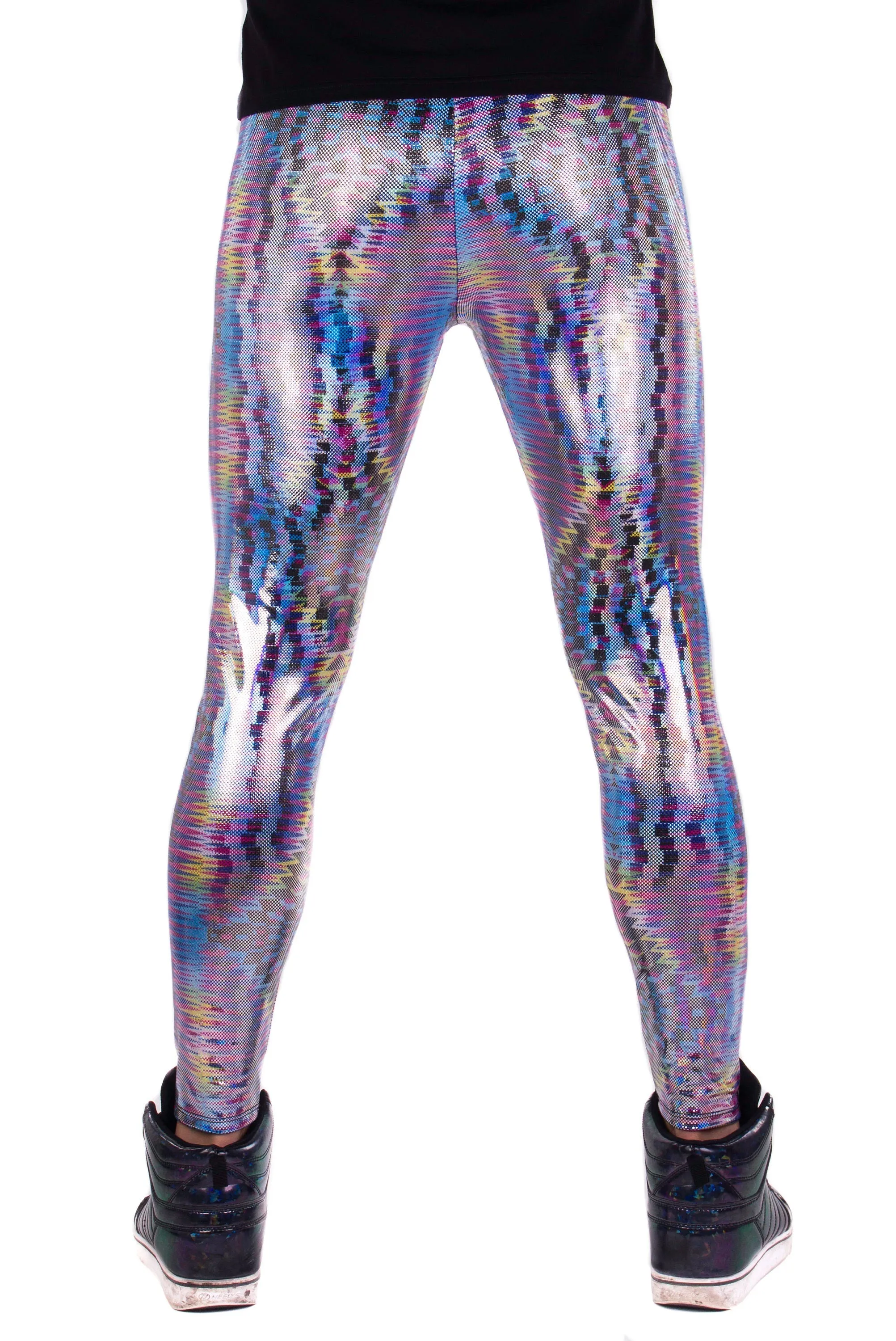 Dazzle Blue: Holographic UV Blacklight Reactive Meggings - Abstract Trippy Tribal Print Mens Leggings