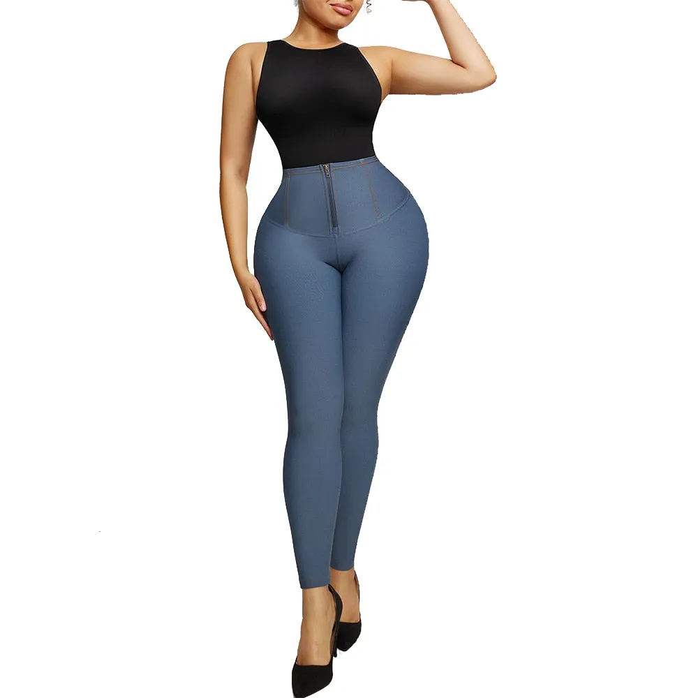 Denim-Look Shaping Leggings With Zipper