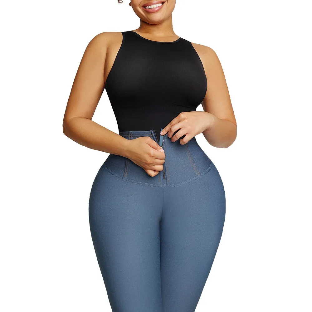 Denim-Look Shaping Leggings With Zipper