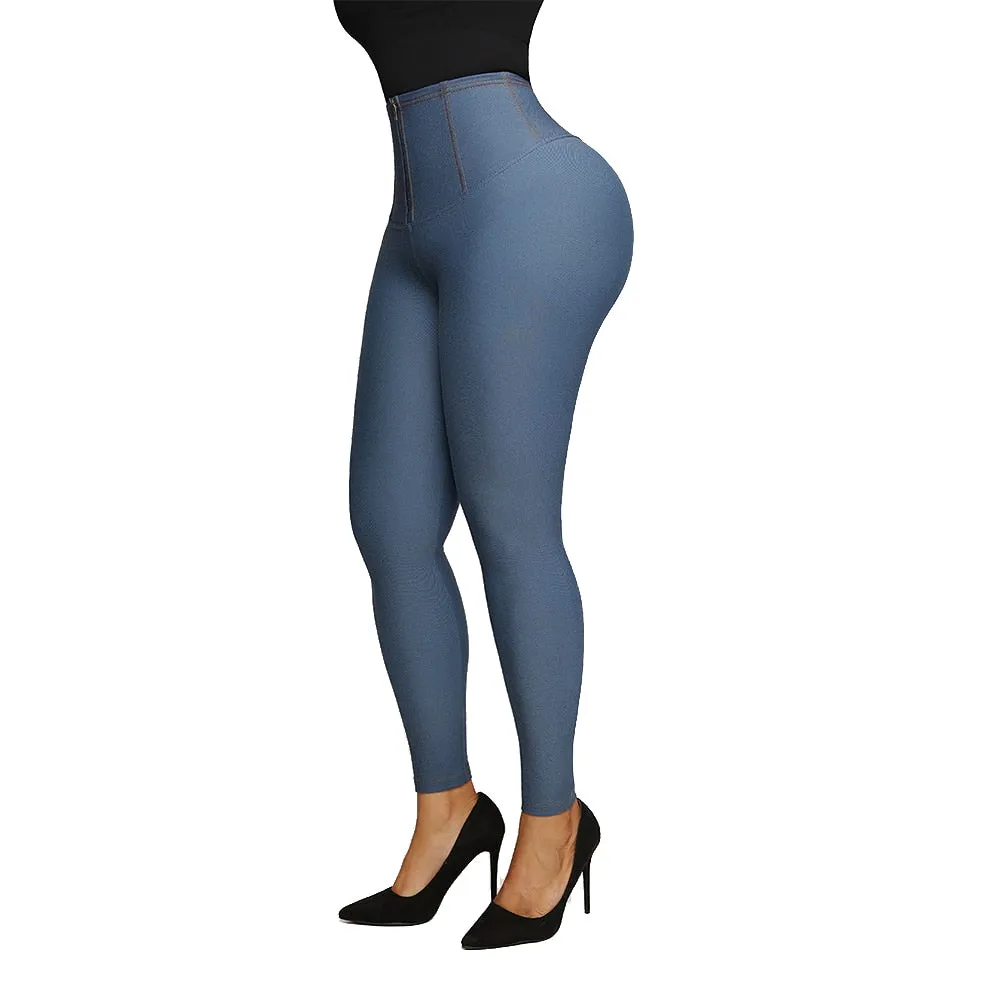 Denim-Look Shaping Leggings With Zipper