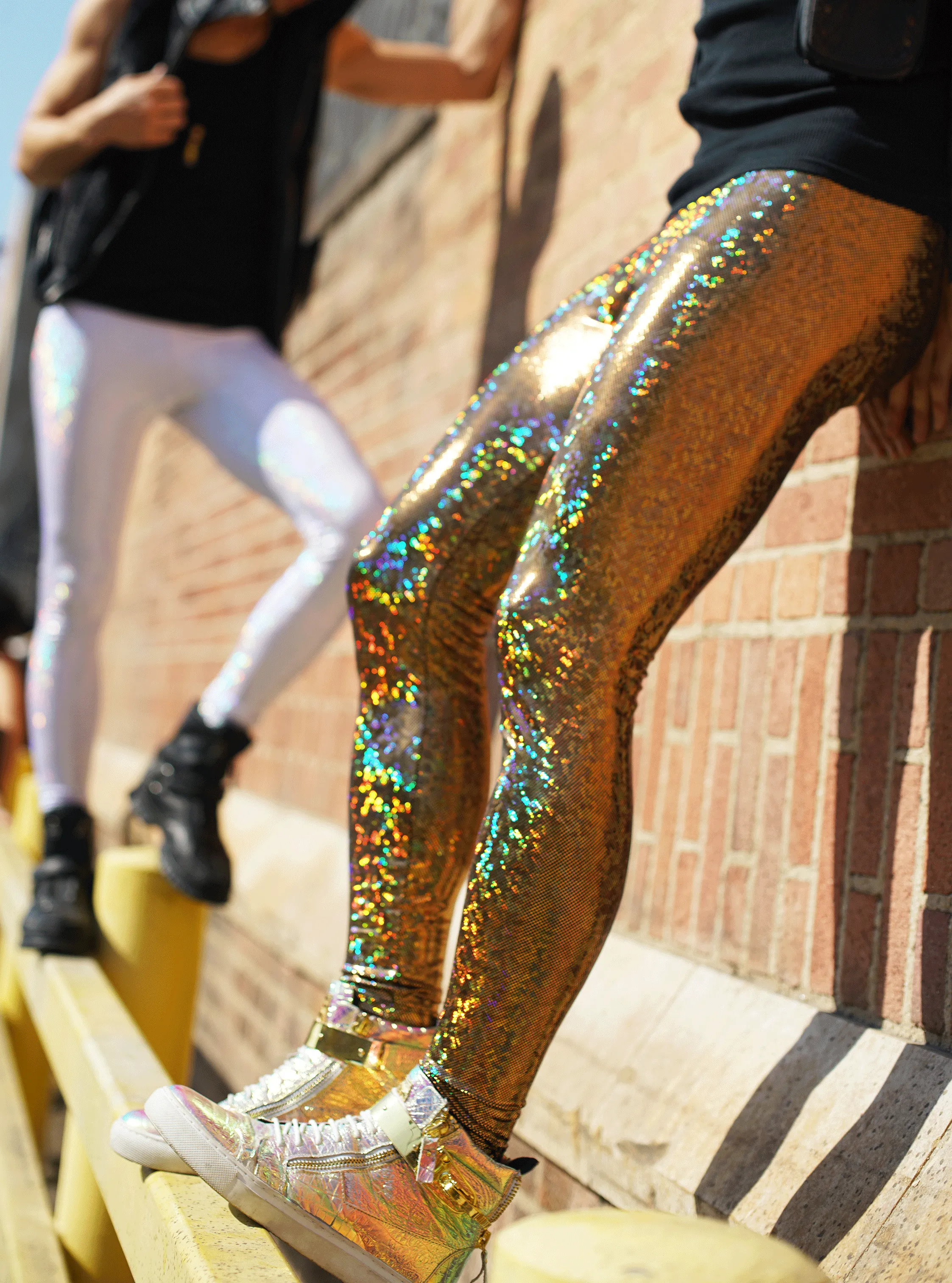 Disco Gold: Holographic Disco Gold Meggings - Mens Festival Leggings