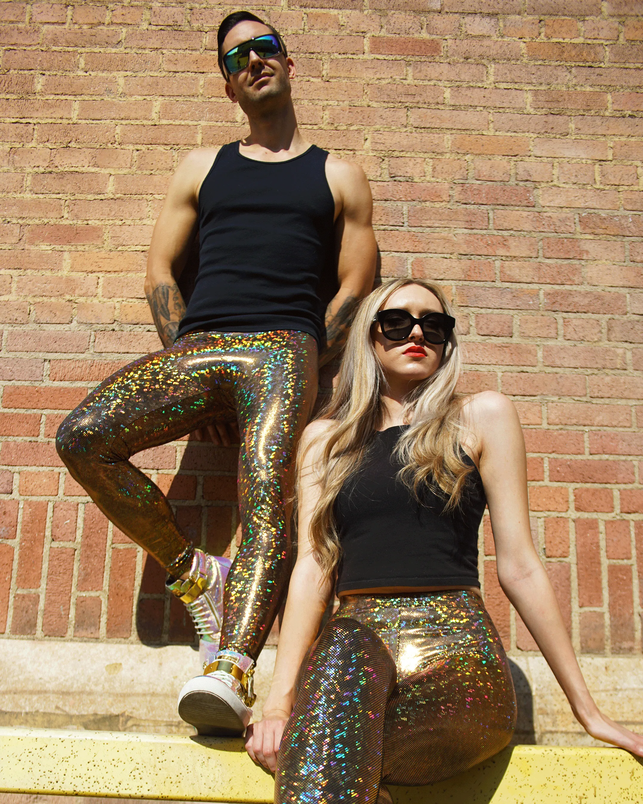 Disco Gold: Holographic Disco Gold Meggings - Mens Festival Leggings