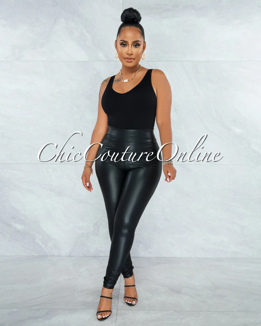 Eara Black Faux Leather Ruched Black Leggings