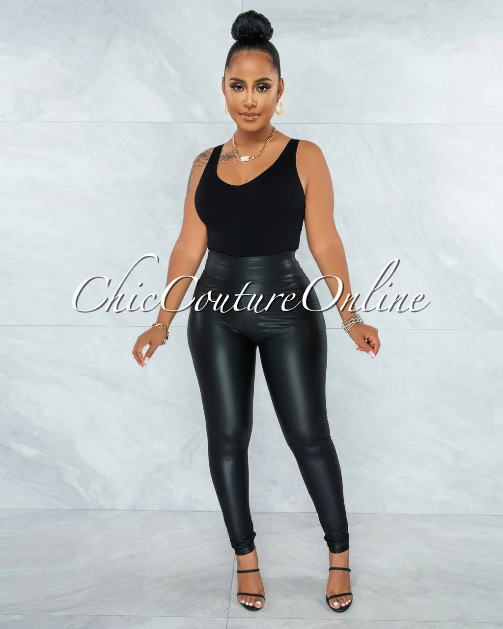 Eara Black Faux Leather Ruched Black Leggings