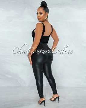 Eara Black Faux Leather Ruched Black Leggings