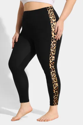 Elasticated Waist Leopard Side Skinny Black Leggings