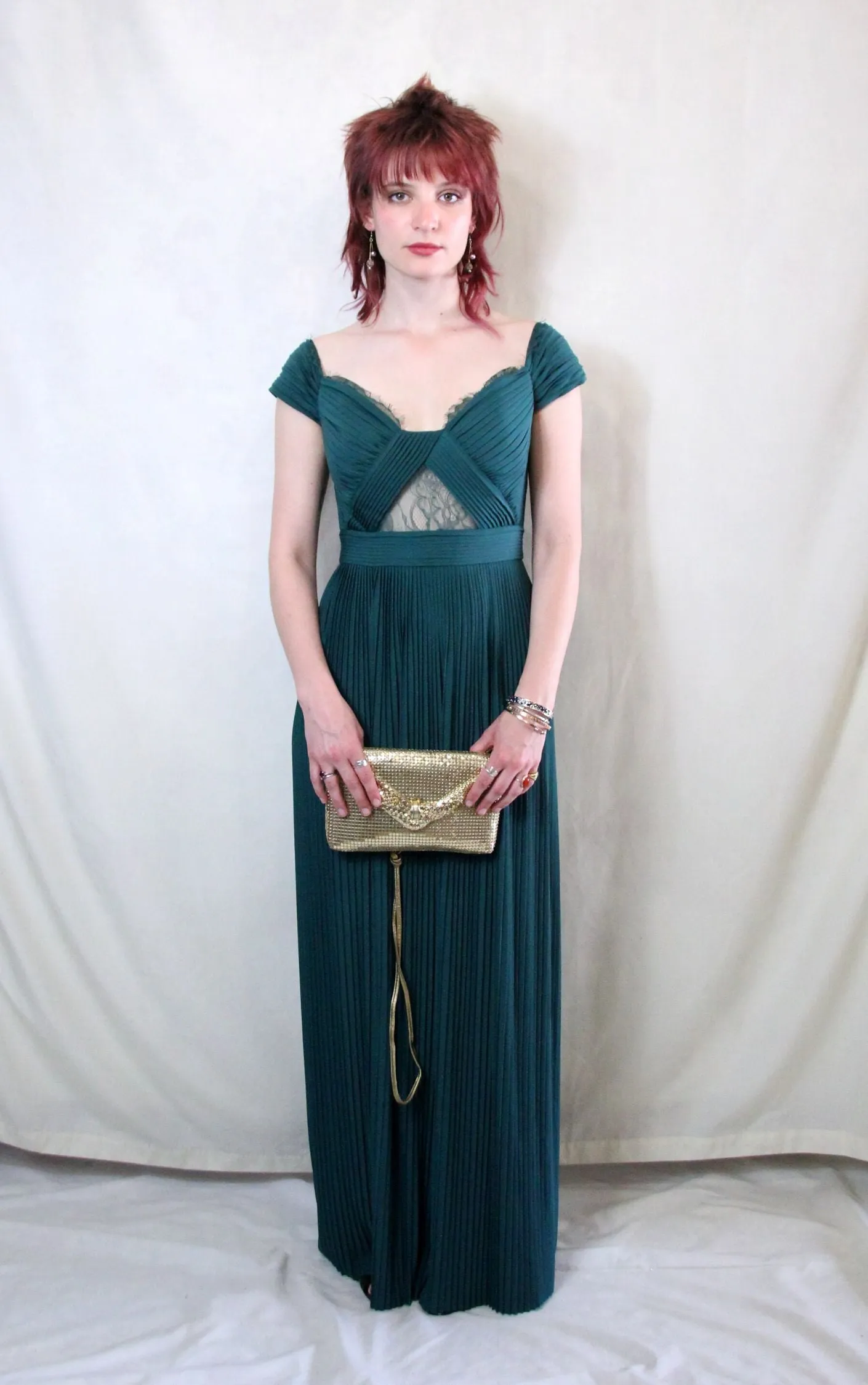 Emerald green Bardot maxi dress