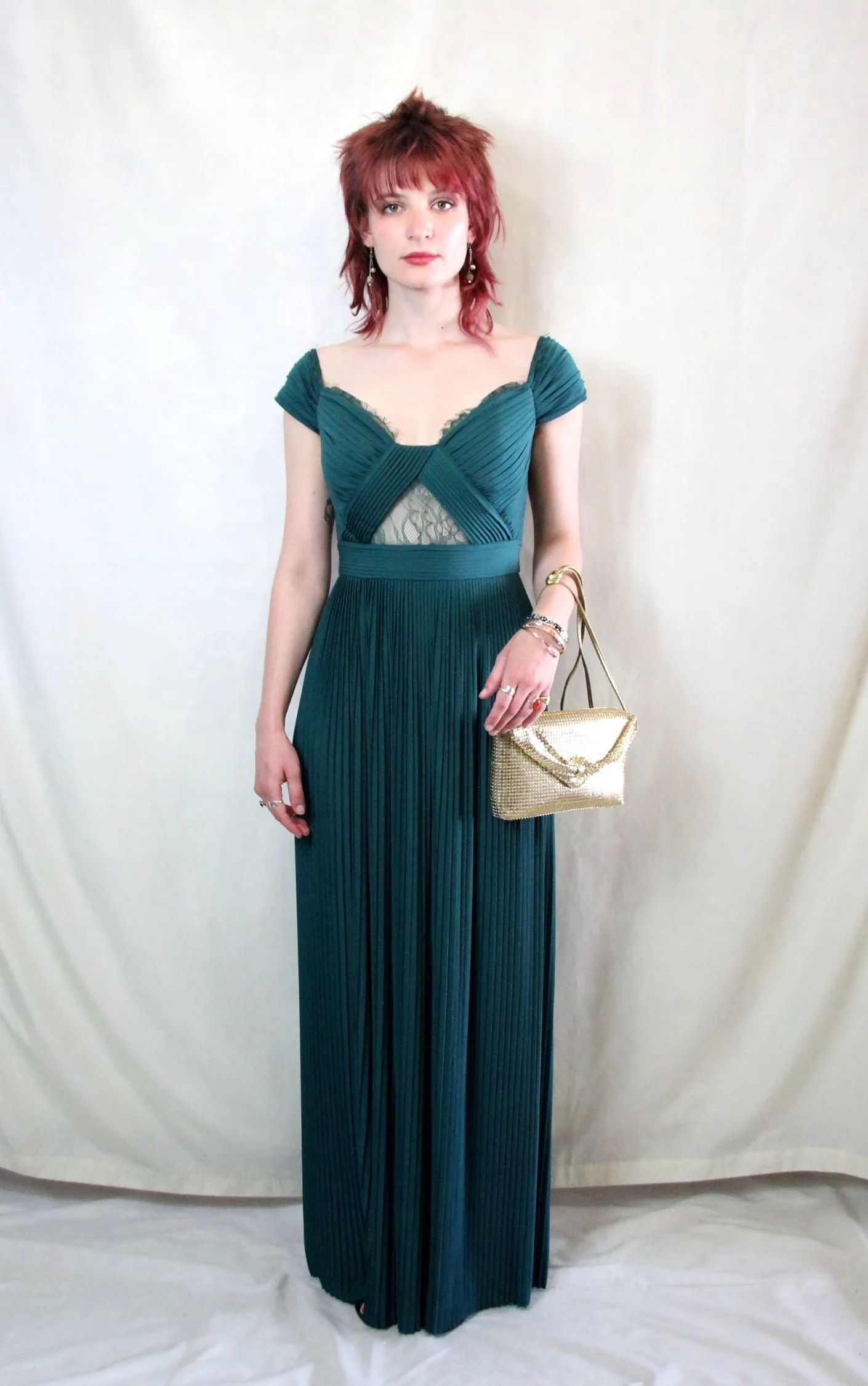 Emerald green Bardot maxi dress