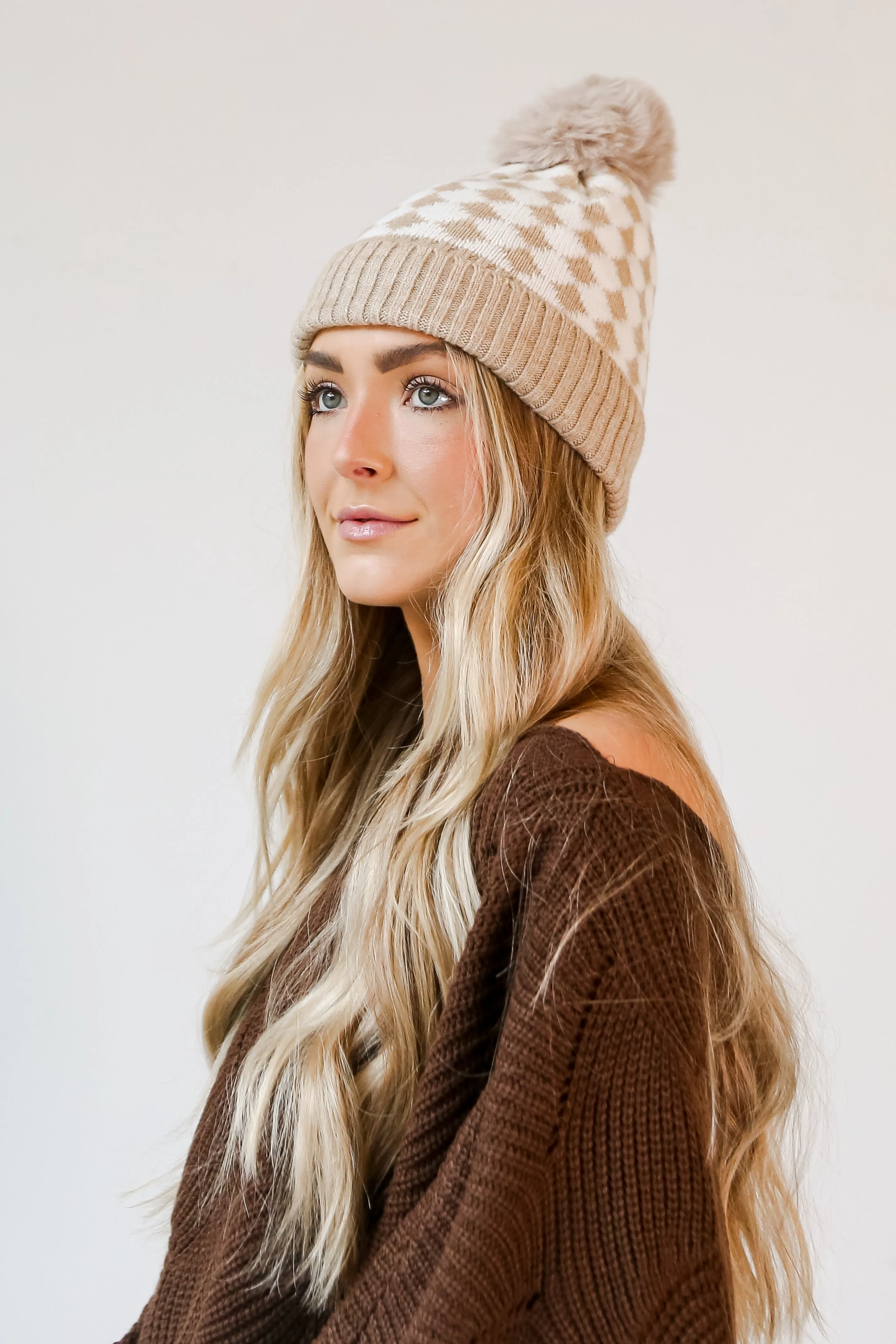 FINAL SALE - Winter Ready Checkered Pom Pom Beanie