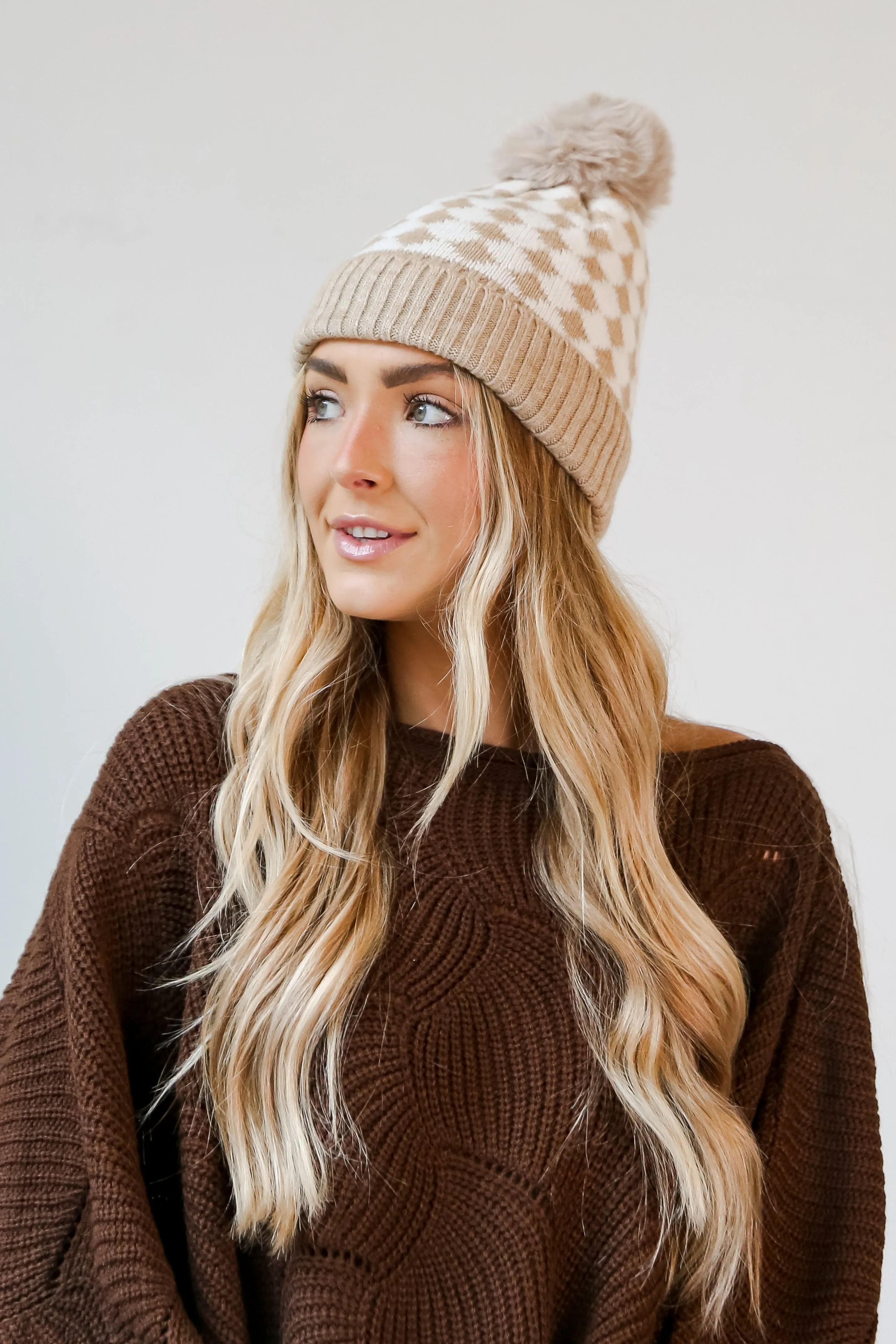 FINAL SALE - Winter Ready Checkered Pom Pom Beanie